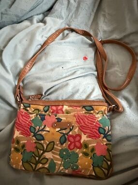 Floral Canvas Crossbody Bag with Tan Trim